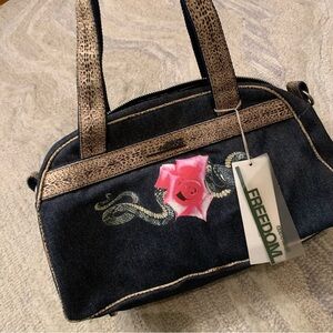 Roberto cavalli denim cheetah print bowling bag w roses and snakes (woah)